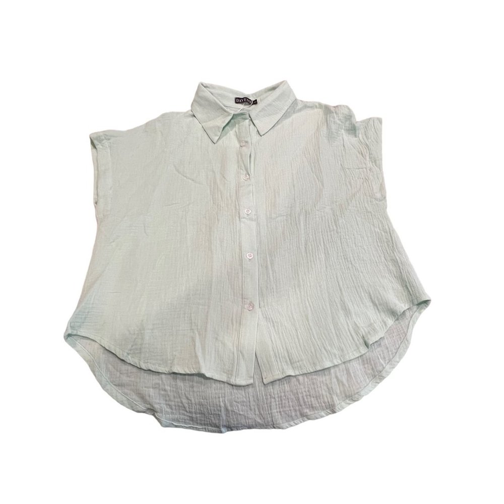 Davenil Light Green Button Shirt Cap Sleeves 100% cotton Size Small NWT